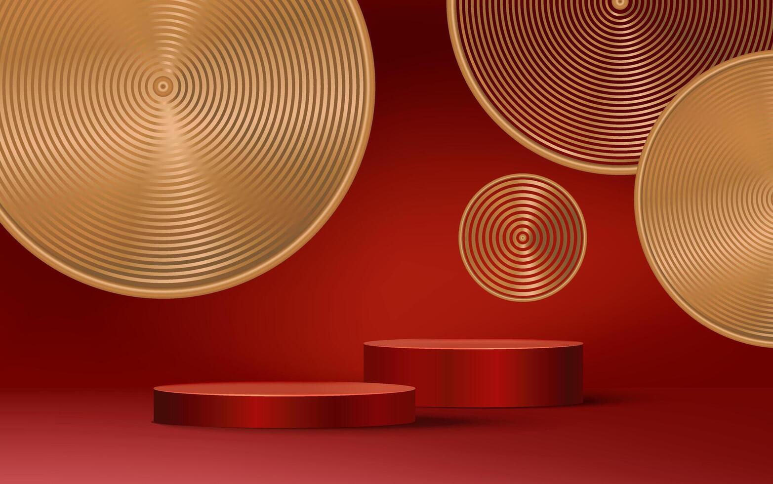 Realistic dark red and 3D cylinder pedestal podium with illuminated circle backdrop. Minimal scene for product showcase and promotion display. Abstract studio room platform. Happy Lantern Day. vector