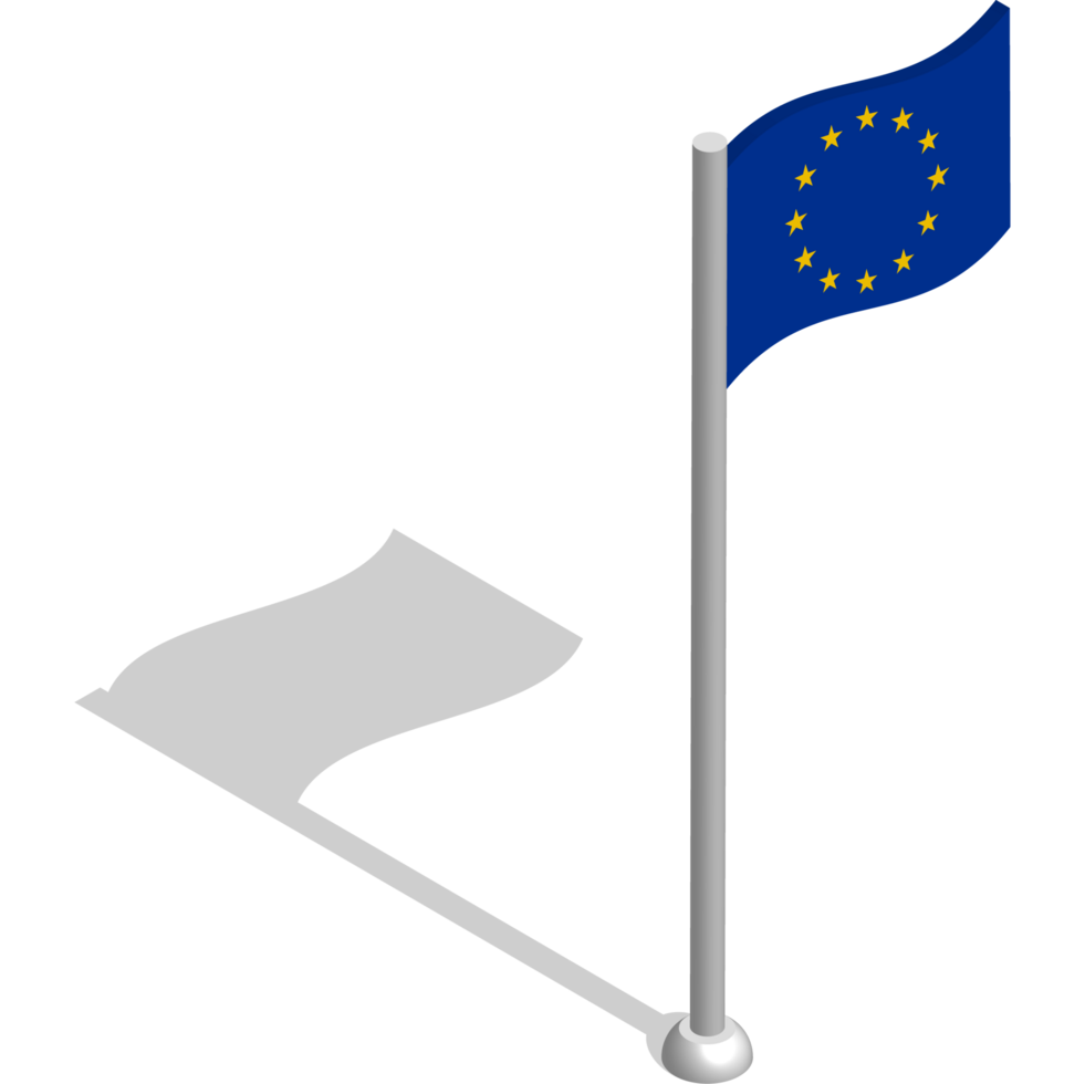 Isometric flag of EUROPEAN UNION in motion on flagpole. National banner flutters in wind. PNG image on transparent background