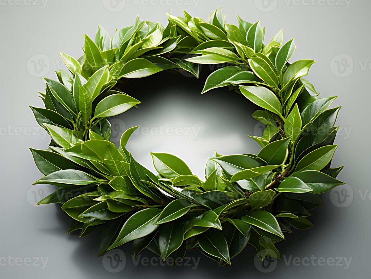 AI generated Christmas wreath with green leaves on black background photo