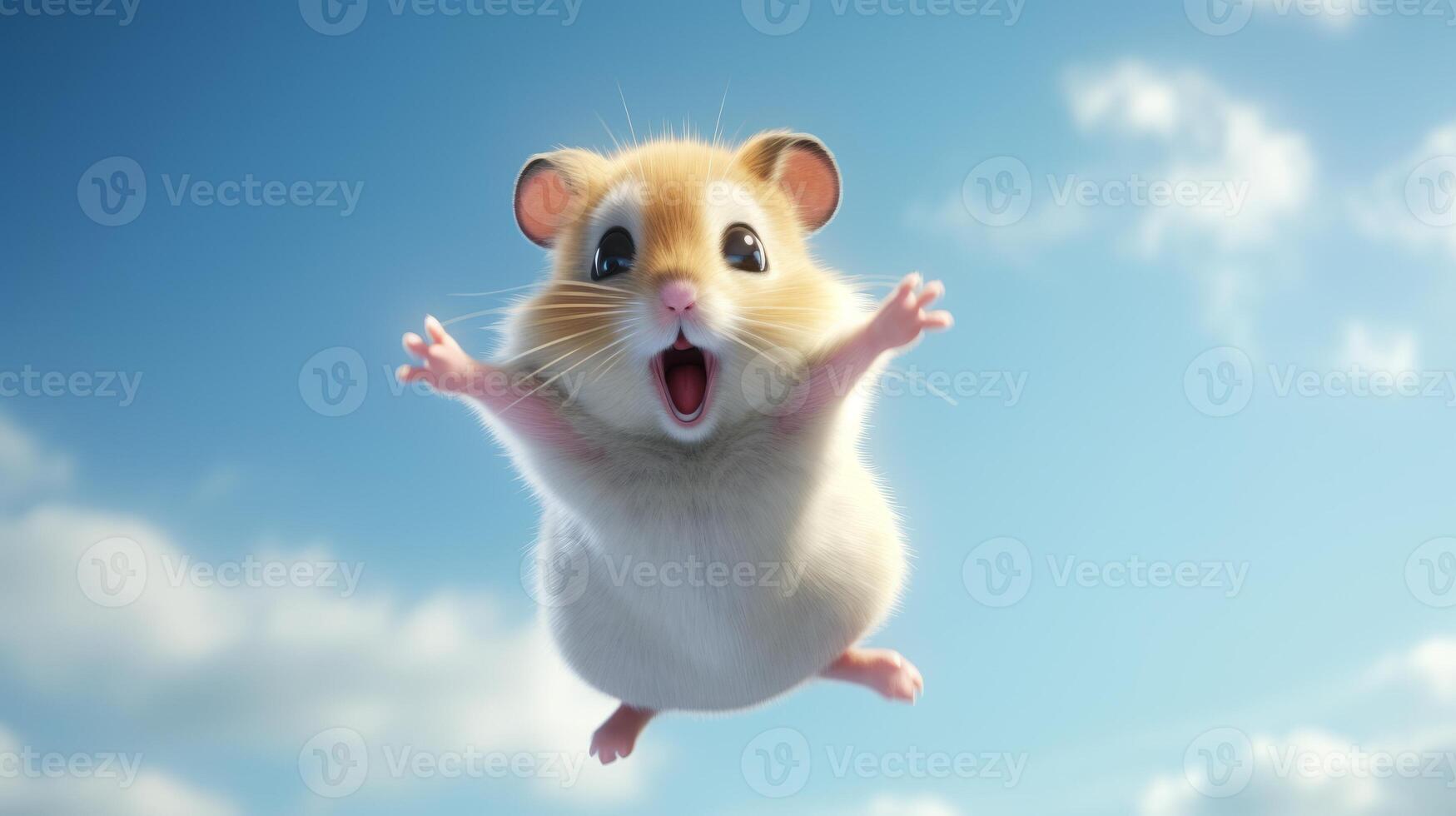 AI generated Flying cute little hamster character on blue sky background. photo