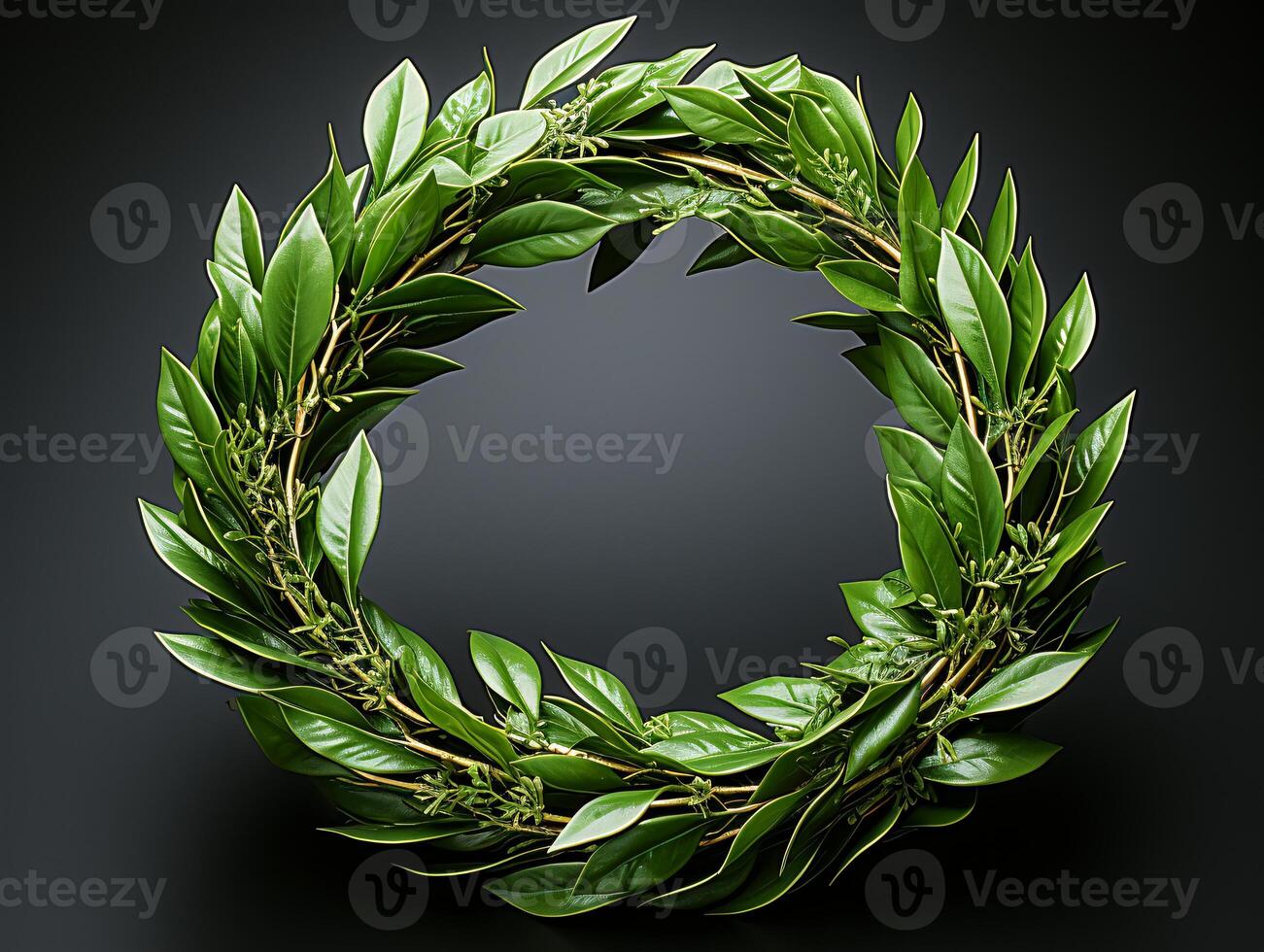 AI generated Christmas wreath with green leaves on black background photo