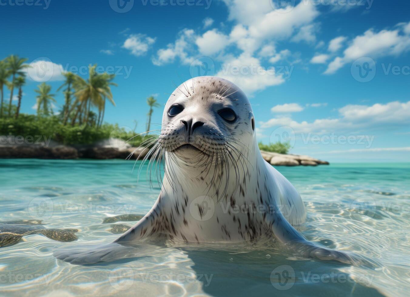 AI generated Seal in the water on a background of palm trees and blue sky photo