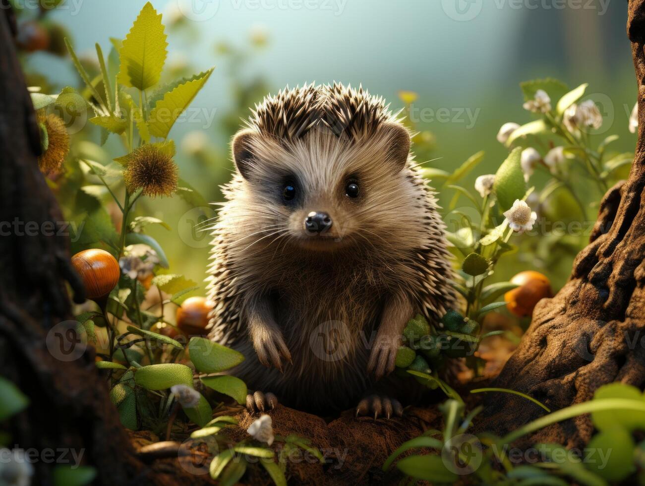 AI generated Cute hedgehog in the forest on a background of autumn leaves photo