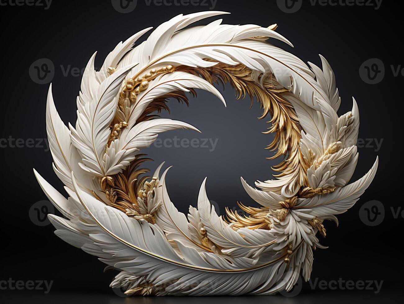 AI generated Beautiful golden and white feathers on a black background. photo