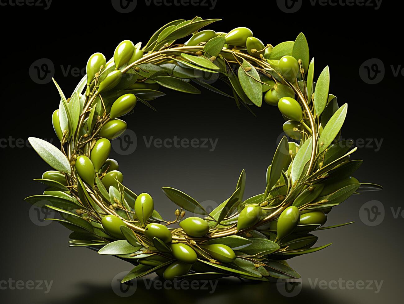 AI generated Nature wreath with green leaves and olives on black background photo