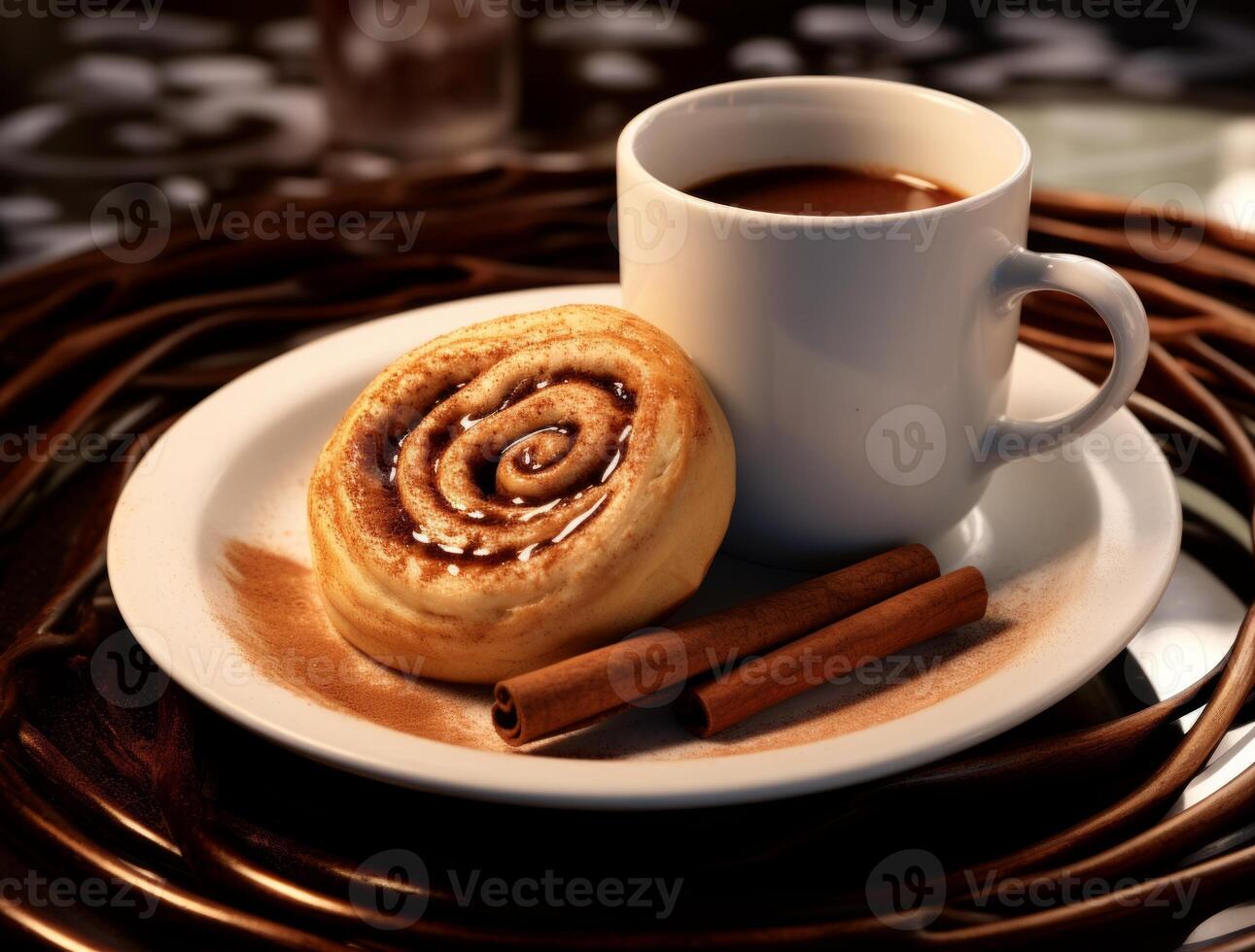 AI generated Freshly baked cinnamon rolls on rustic kitchen photo
