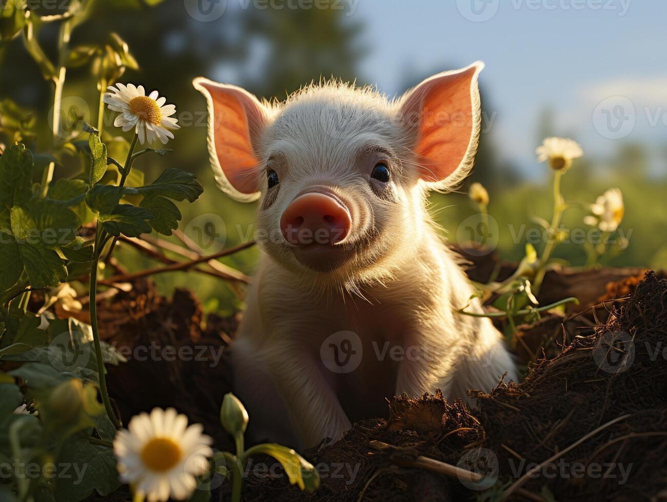 Little piglet in the grass on a background of the blue sky photo
