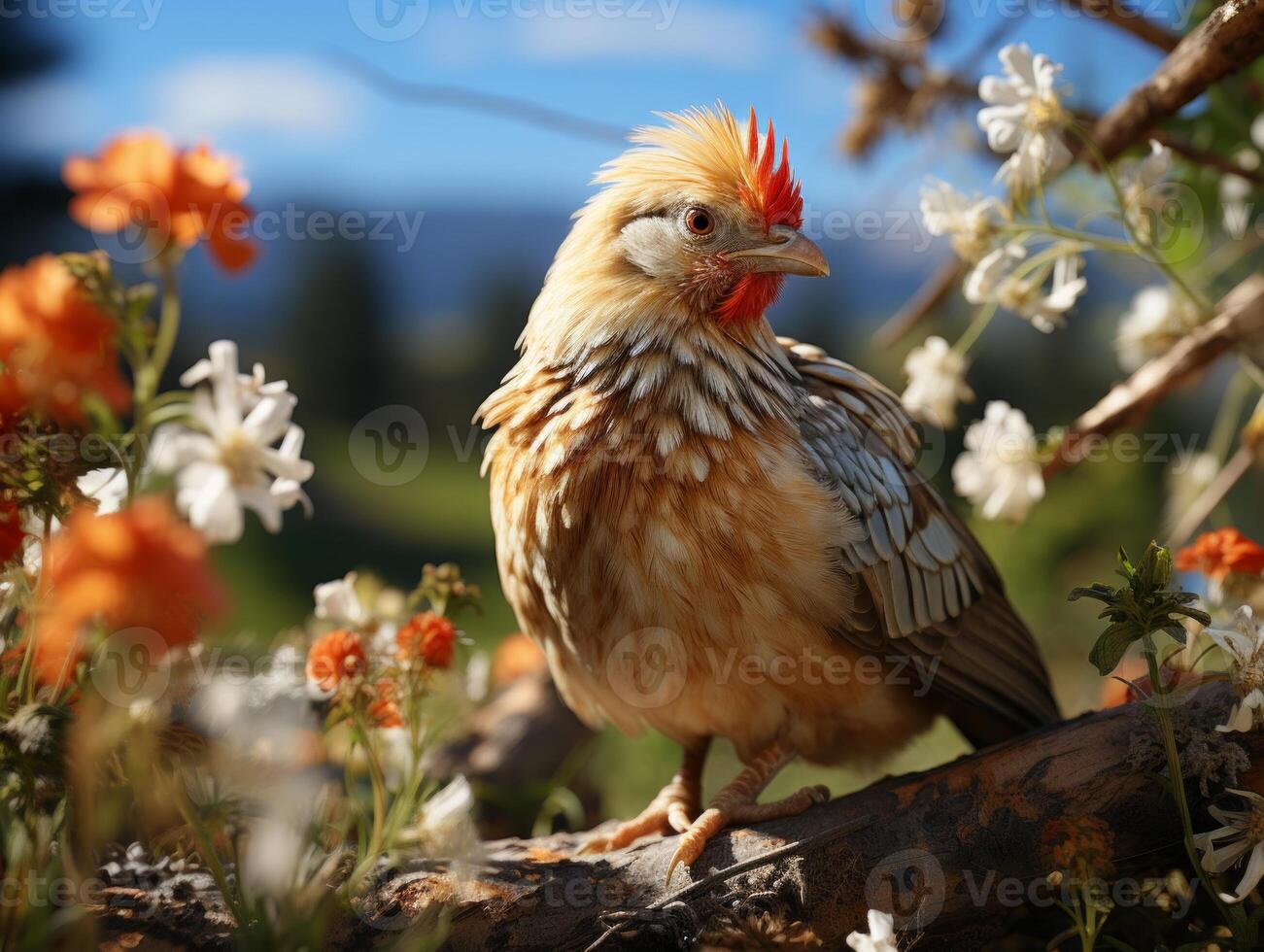 AI generated Chicken in the meadow on a background of wildflowers photo