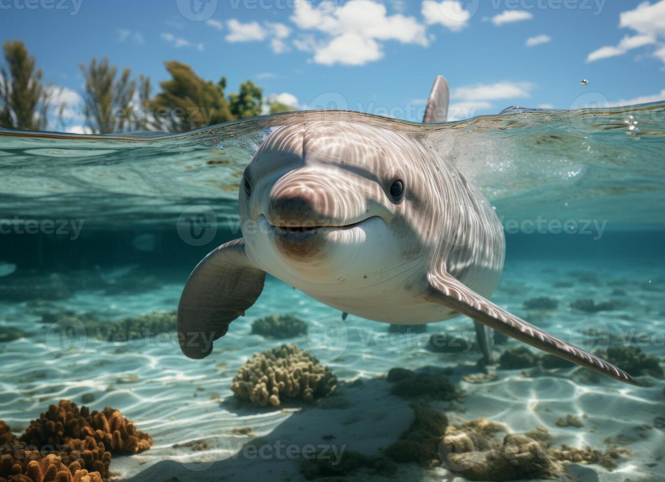 AI generated Dolphin swims in the sea with splashes of water. photo