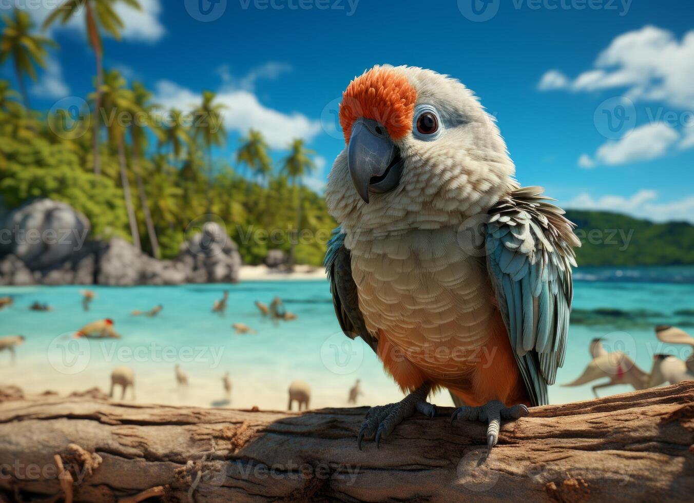 AI generated Parrot on the beach with palm trees and blue sky background. photo