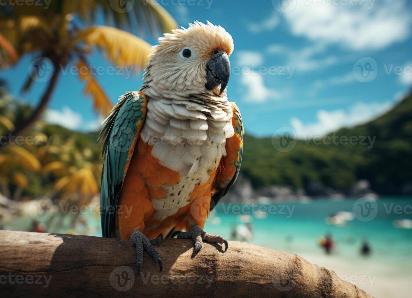 AI generated Parrot on the beach with palm trees and blue sky background. photo