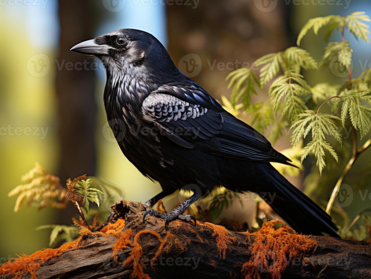 Raven perched on a branch in the forest photo