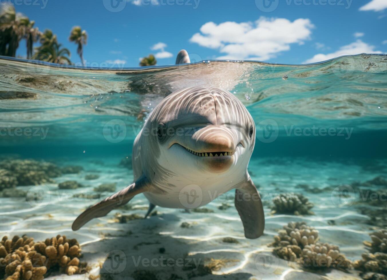 AI generated Dolphin swims in the sea with splashes of water. photo