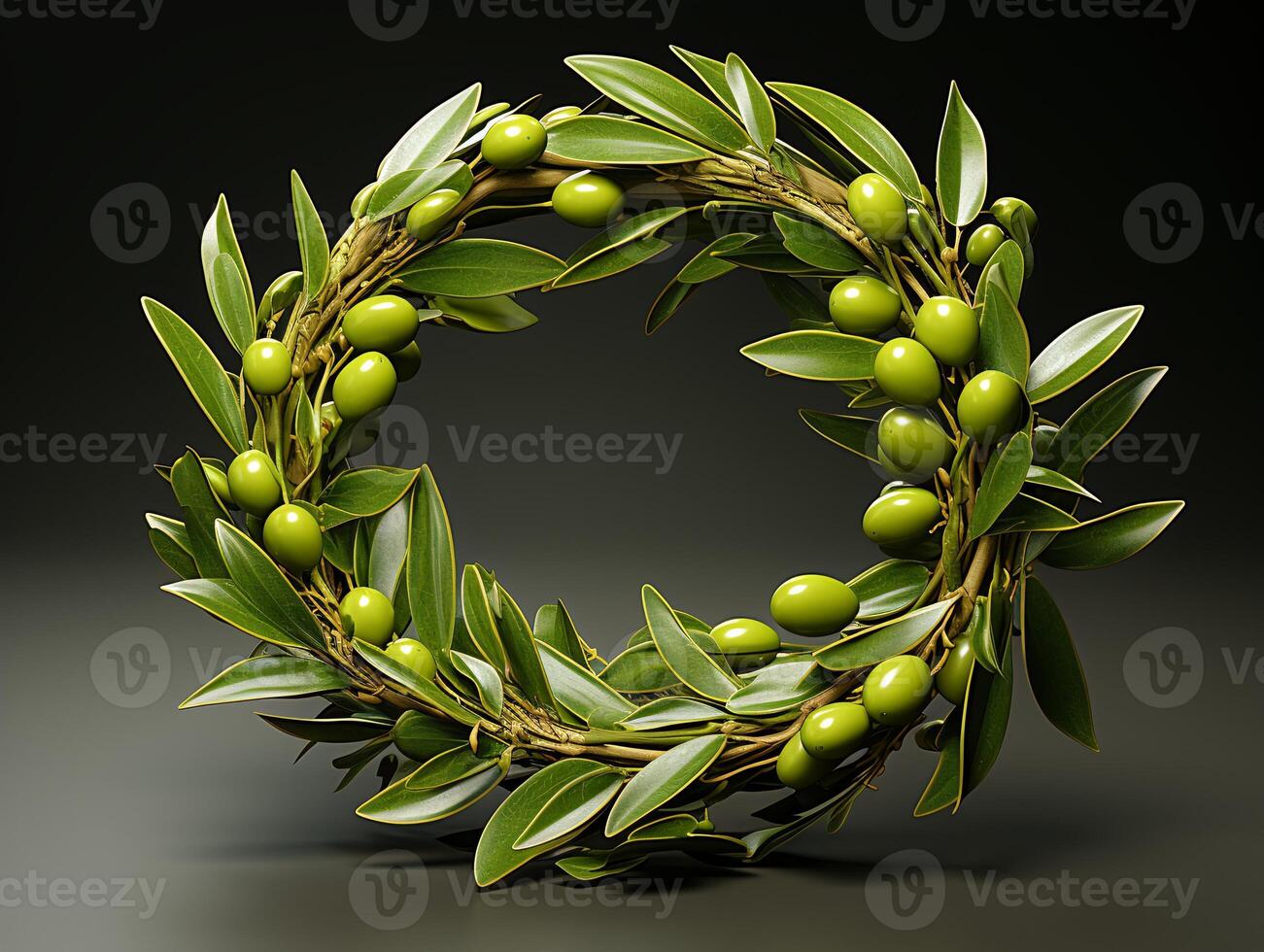 AI generated Nature wreath with green leaves and olives on black background photo