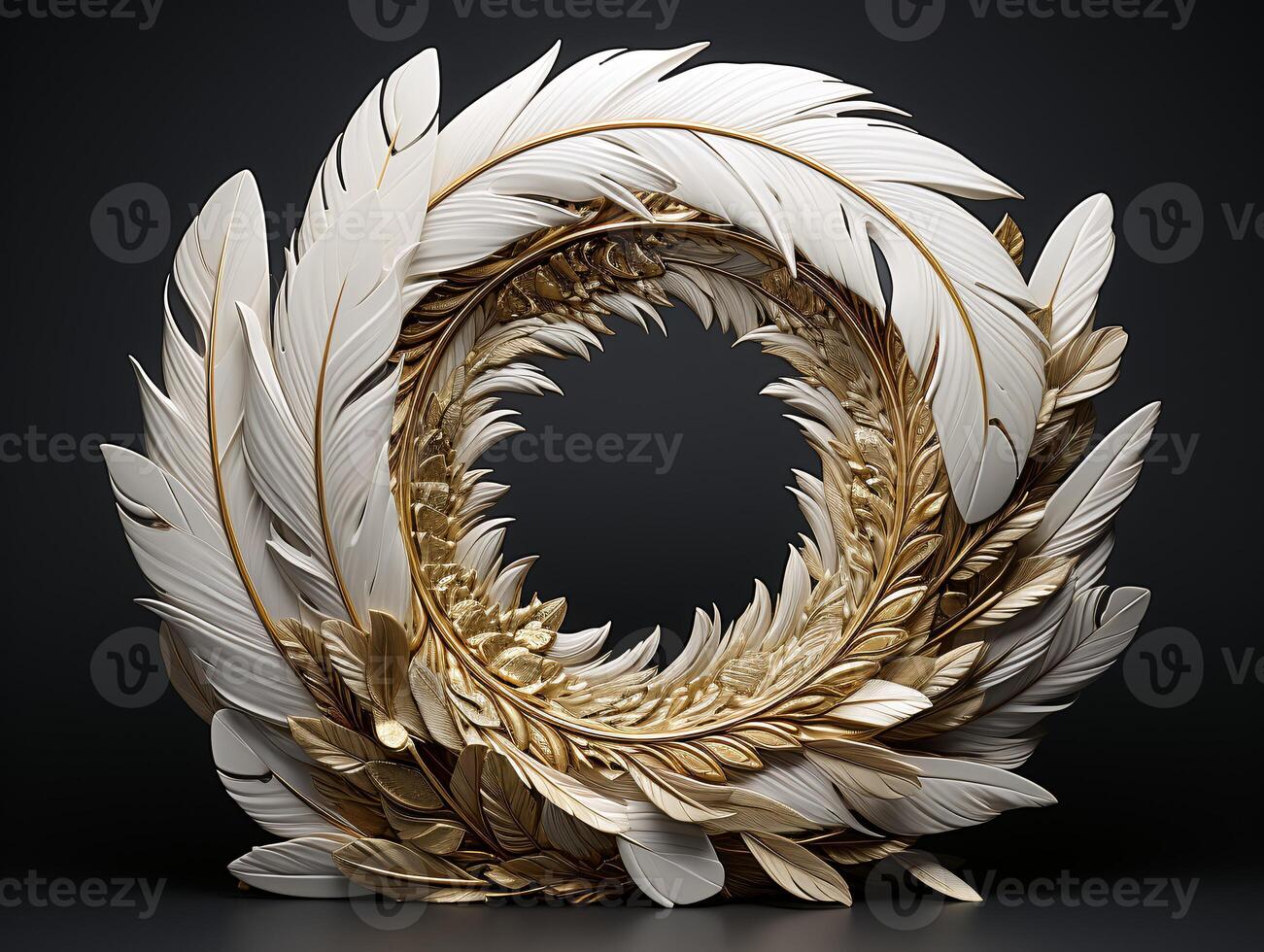 AI generated Beautiful golden and white feathers on a black background. photo