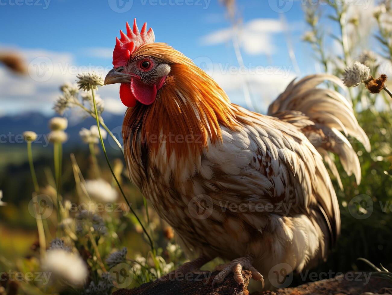 AI generated Chicken in the meadow on a background of wildflowers photo