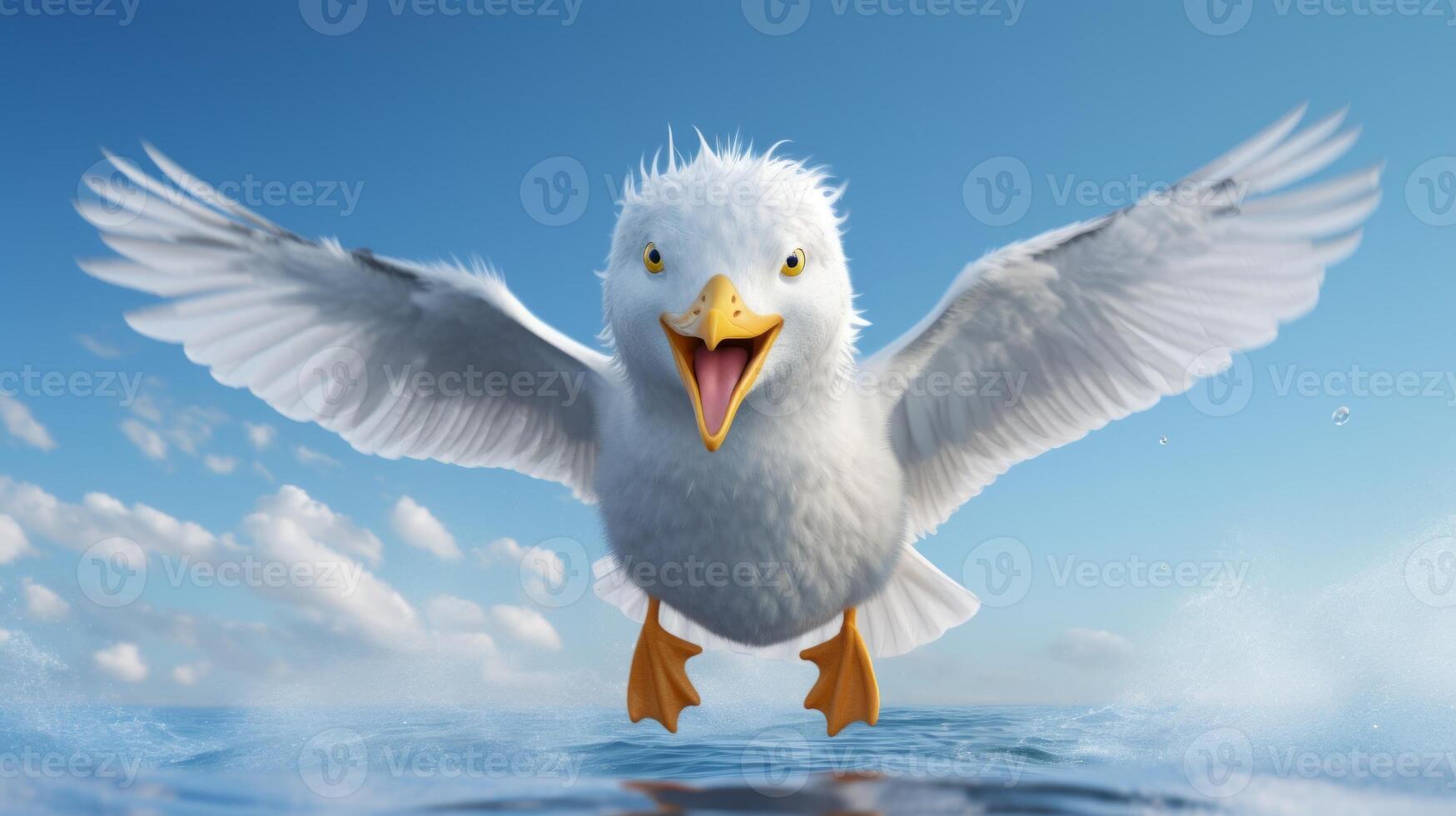 AI generated Flying seagull on blue sky background. photo