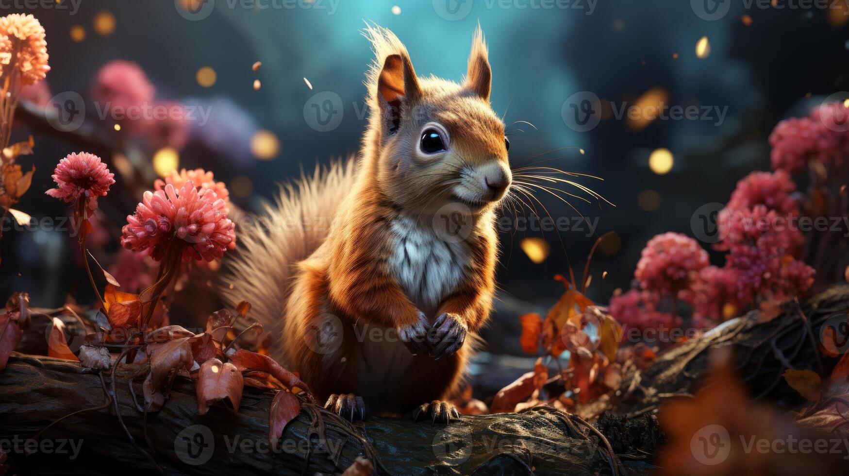 AI generated Red squirrel sitting on a log in the forest photo