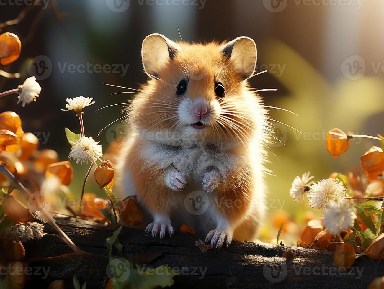 AI generated Hamster sits on a branch in the grass in a meadow photo