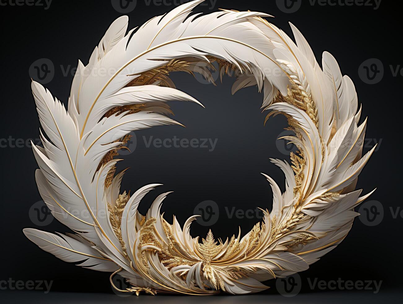 AI generated Beautiful golden and white feathers on a black background. photo