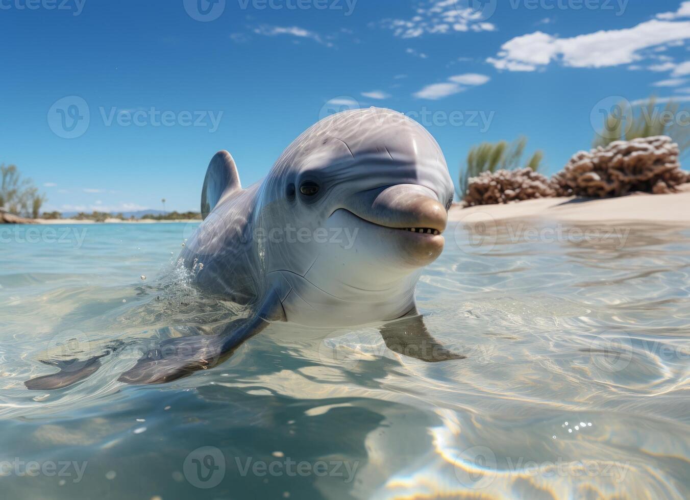 AI generated Dolphin swims in the sea with splashes of water. photo