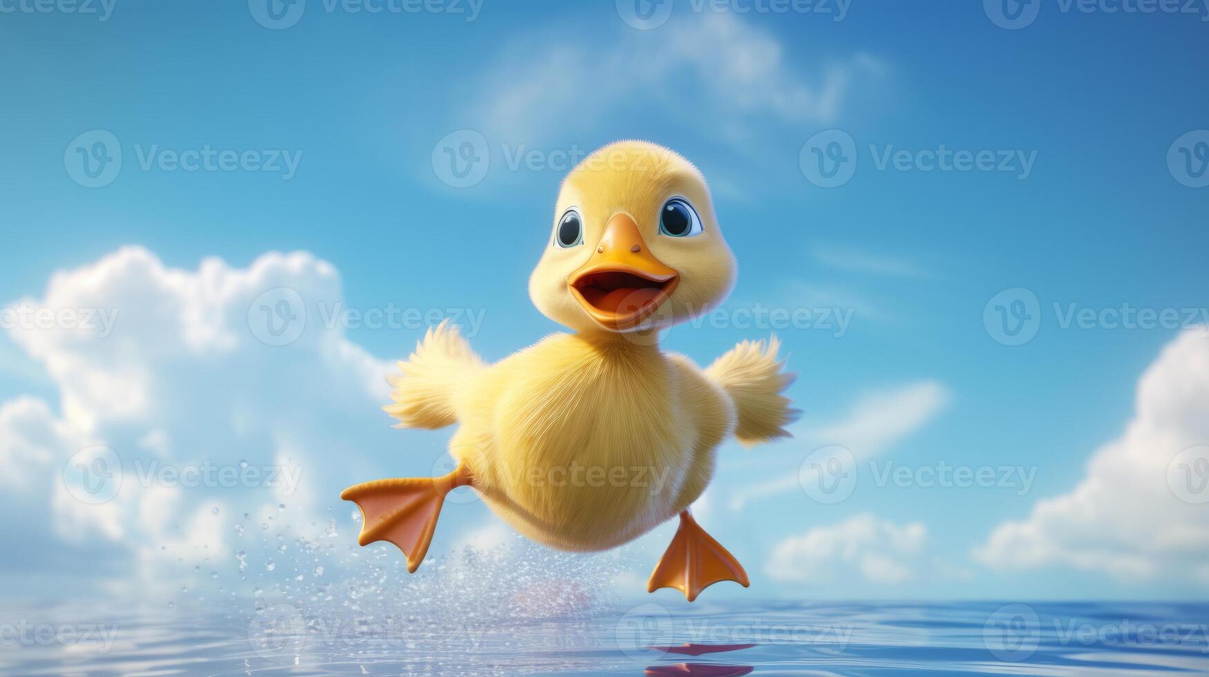 AI generated Flying cute little chick character on blue sky background. photo