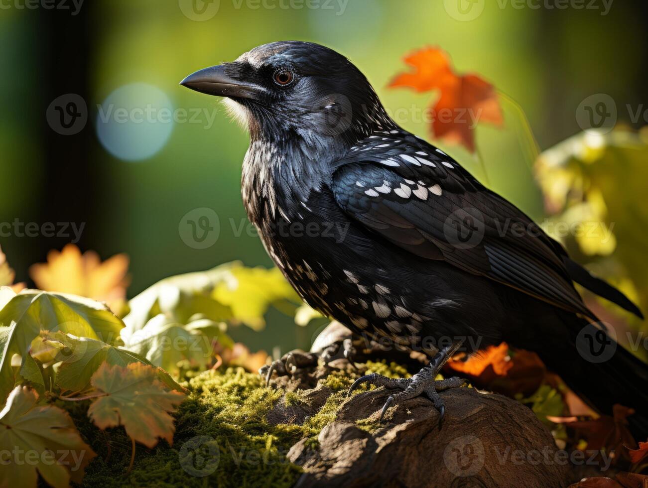 Raven perched on a branch in the forest photo