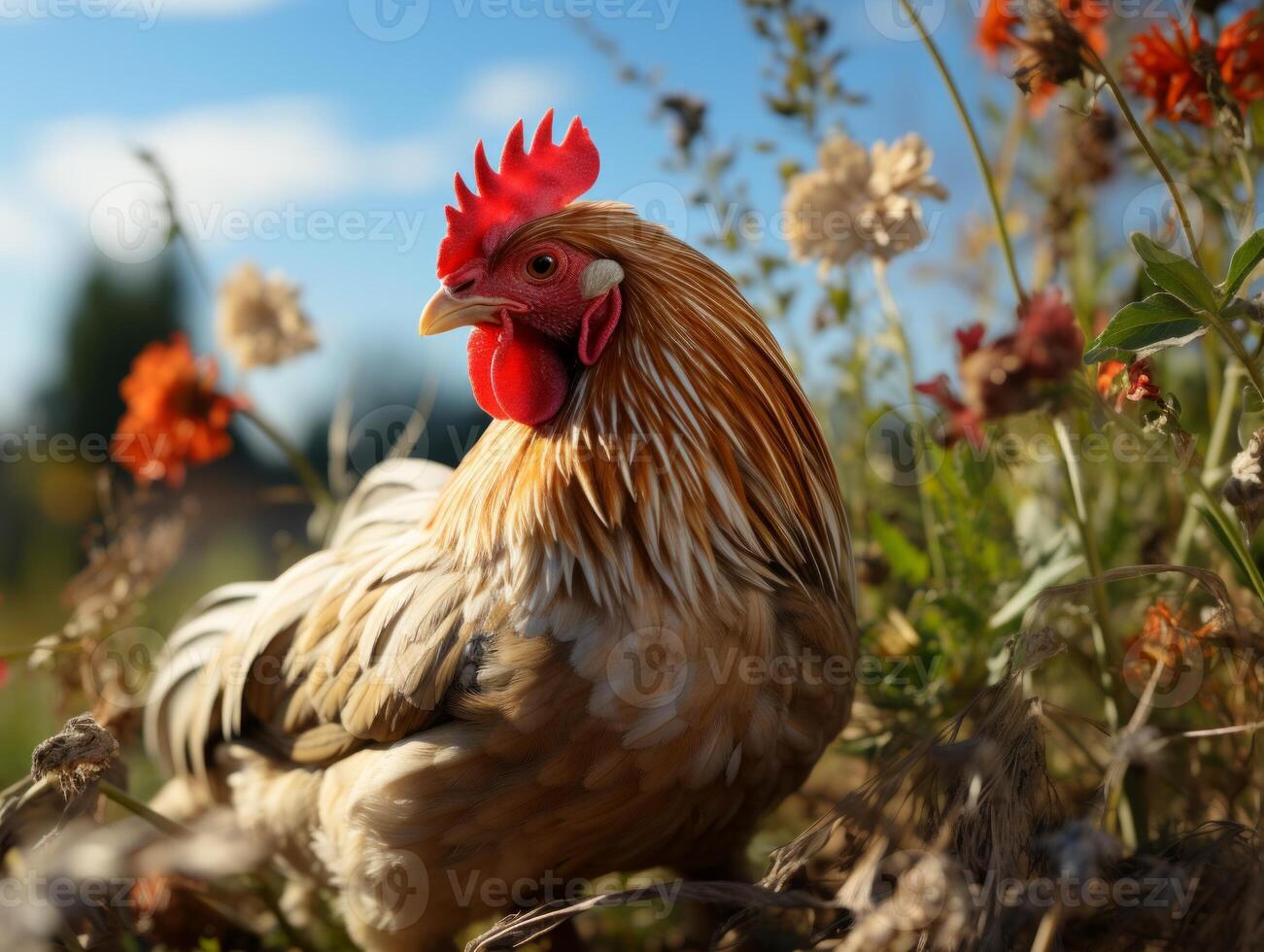 AI generated Chicken in the meadow on a background of wildflowers photo