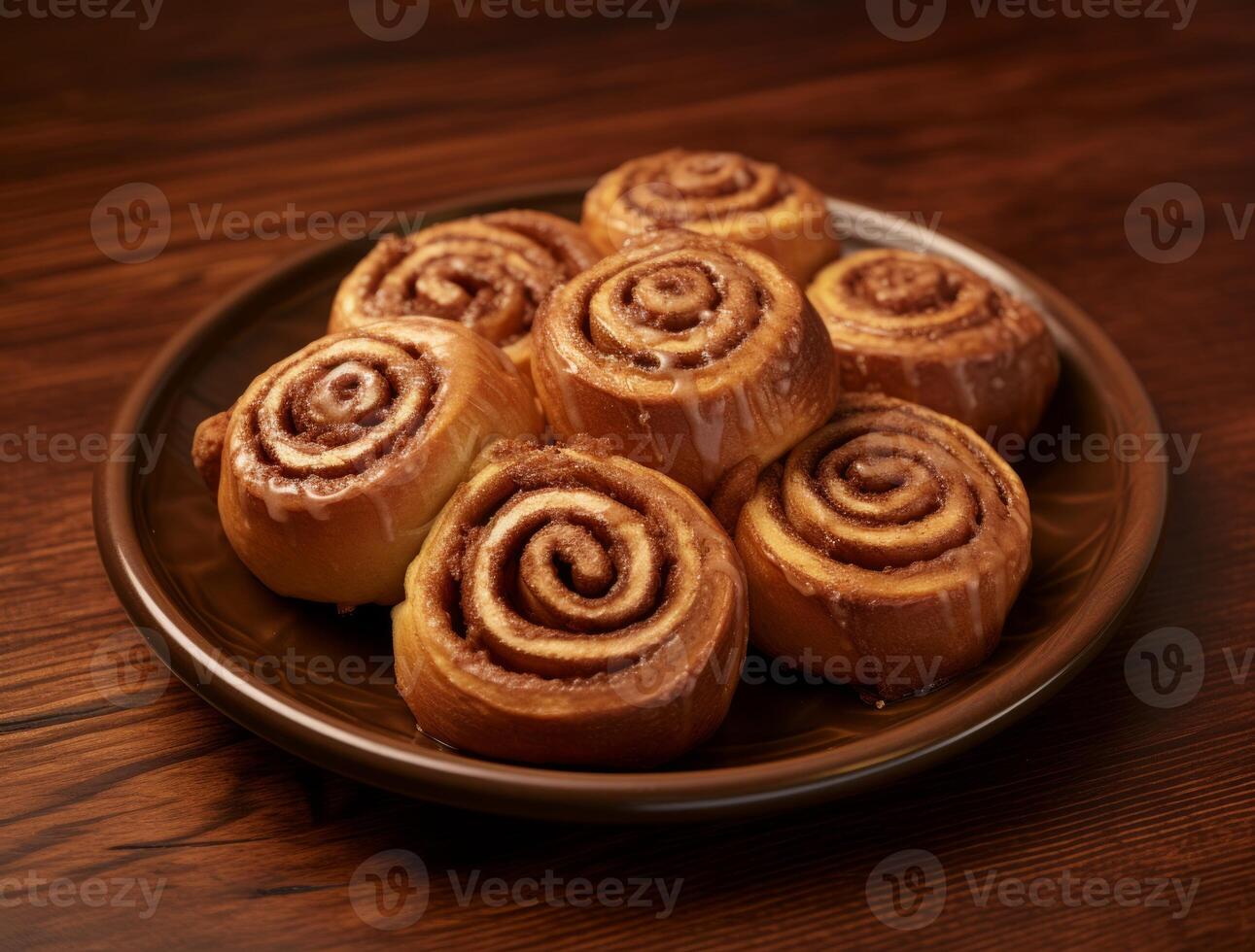 AI generated Freshly baked cinnamon rolls on rustic kitchen photo