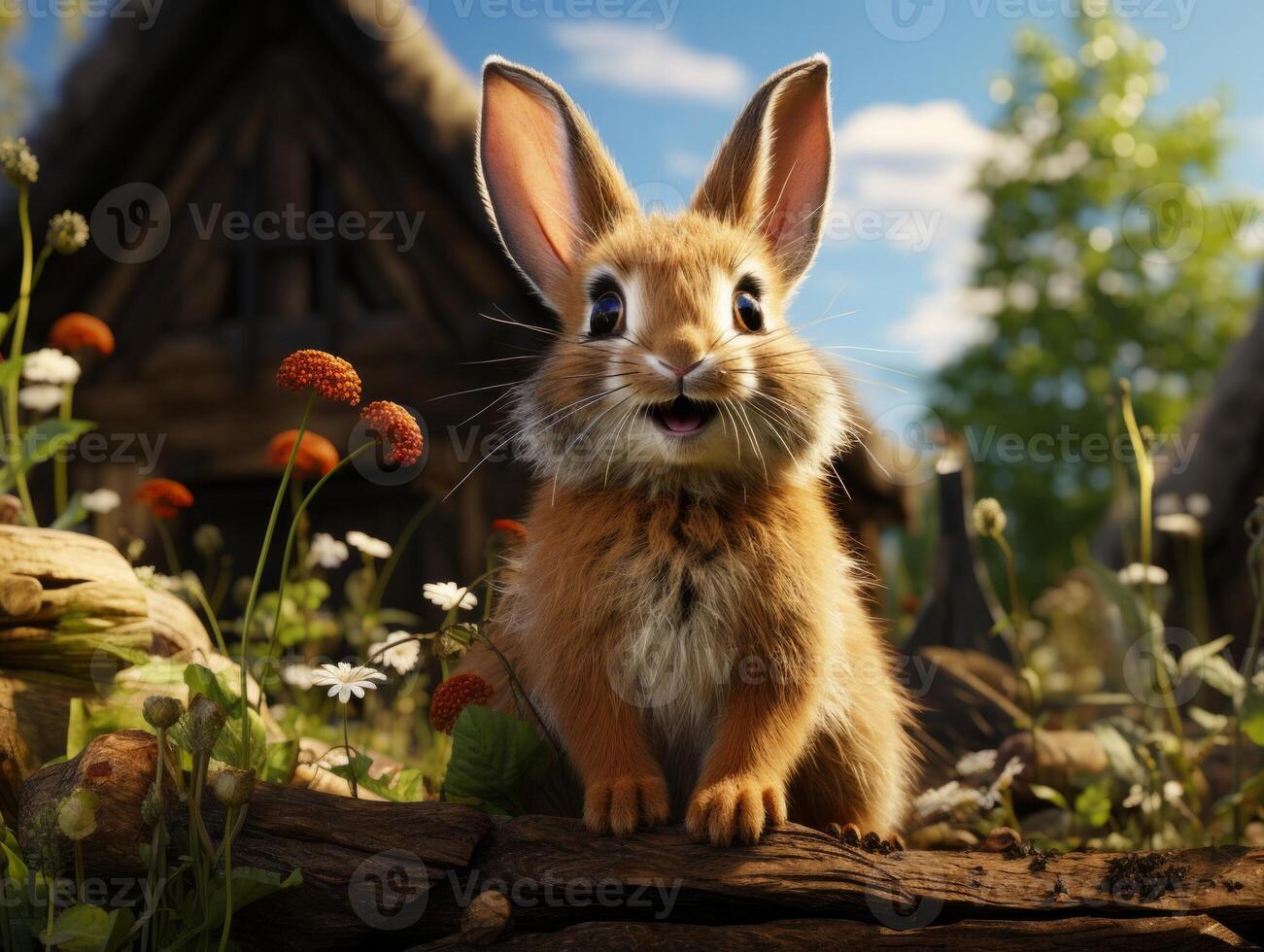 AI generated Cute little rabbit in the garden at sunset close up photo