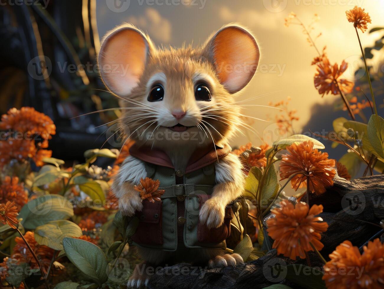 AI generated Little mouse in the autumn forest. photo