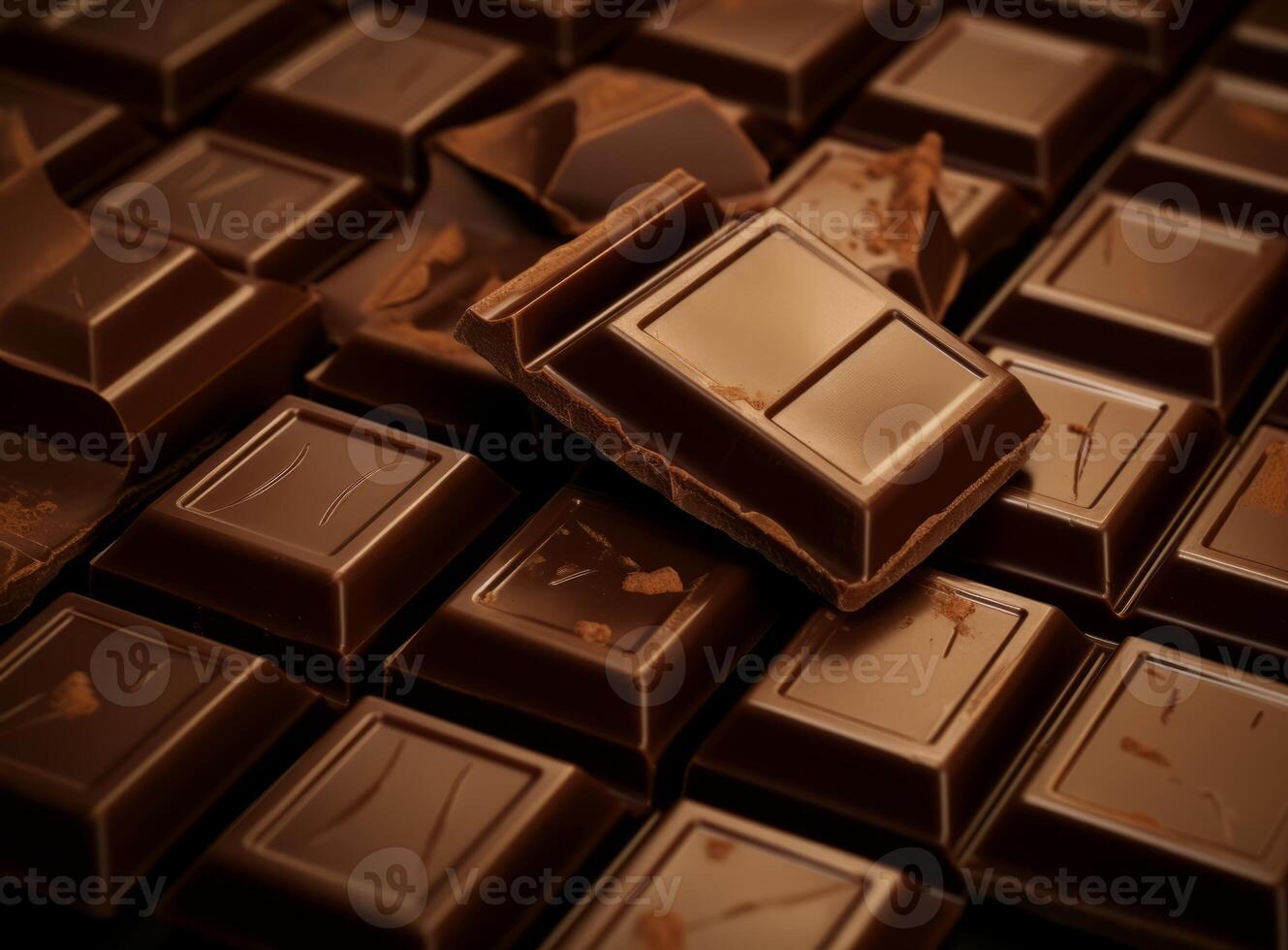 AI generated Pieces of dark chocolate on table closeup Food background photo