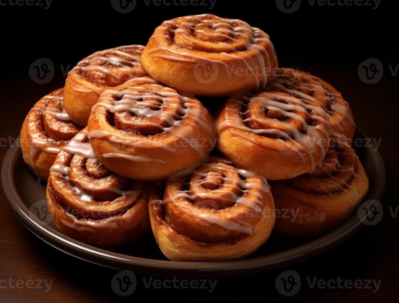 AI generated Freshly baked cinnamon rolls on rustic kitchen photo