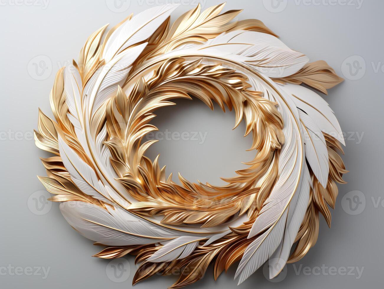 AI generated Beautiful golden and white feathers on a white background. photo