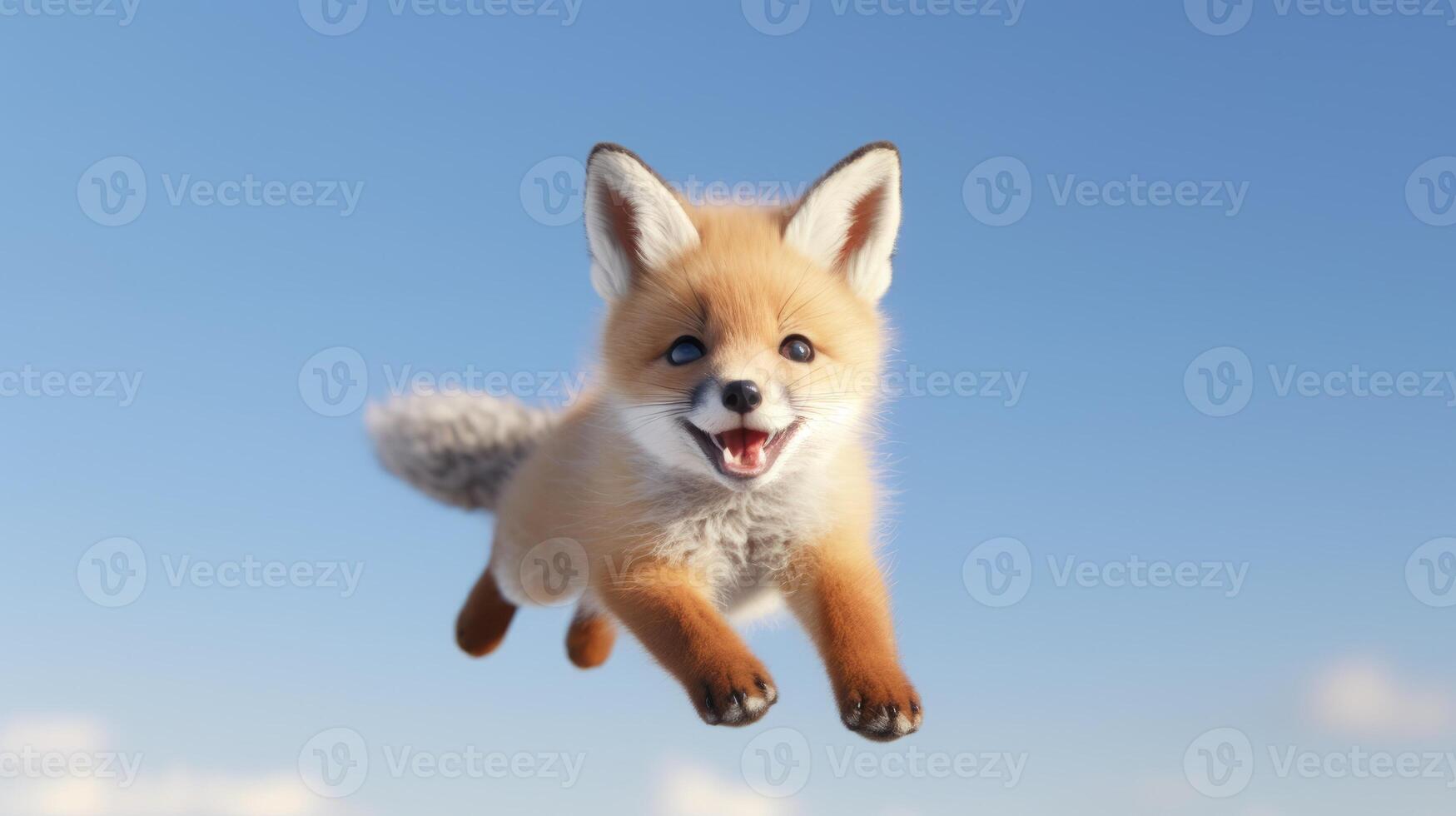 ai generado volador linda pequeño zorro personaje en azul cielo antecedentes. foto