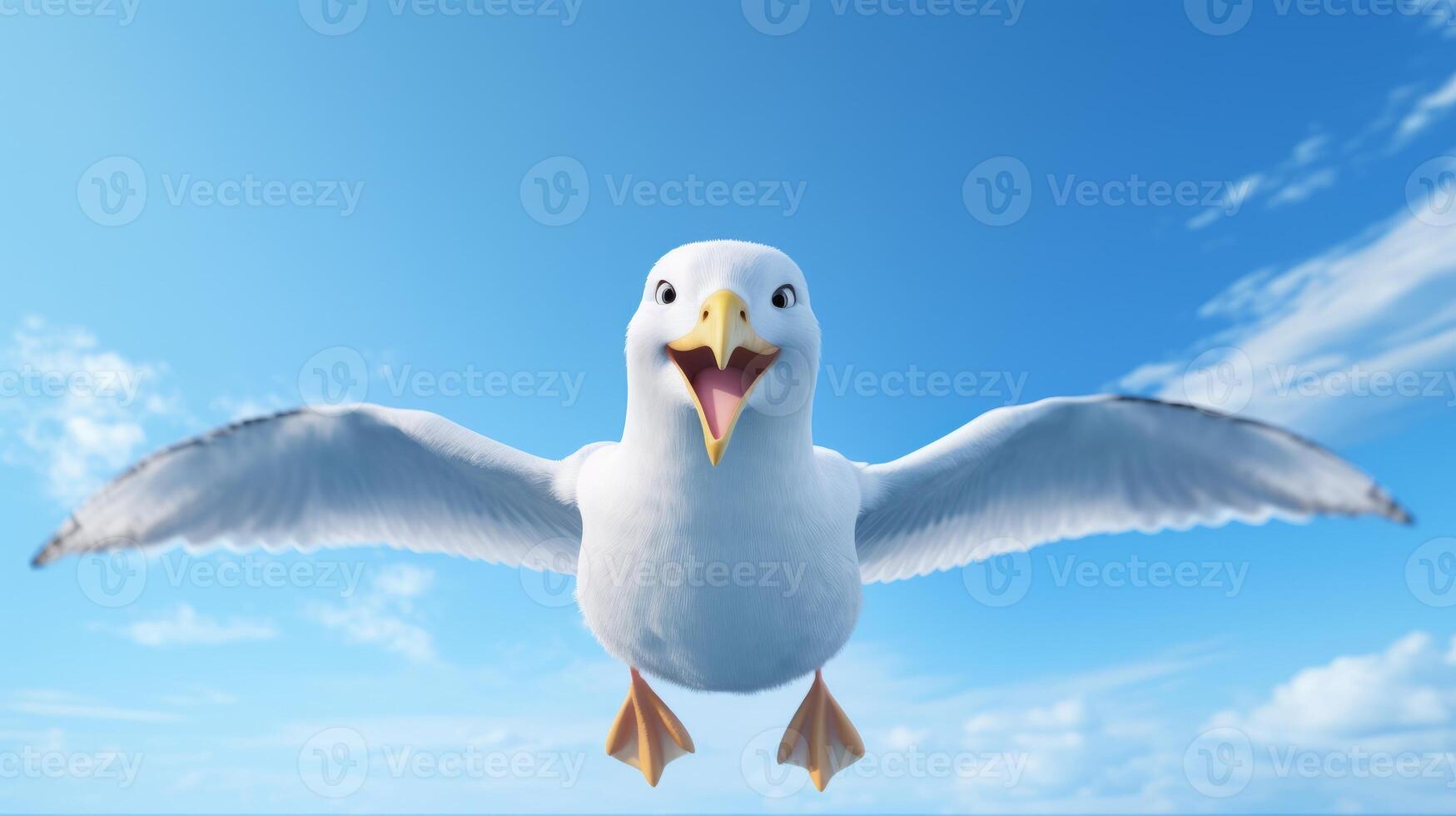 AI generated Flying seagull on blue sky background. photo