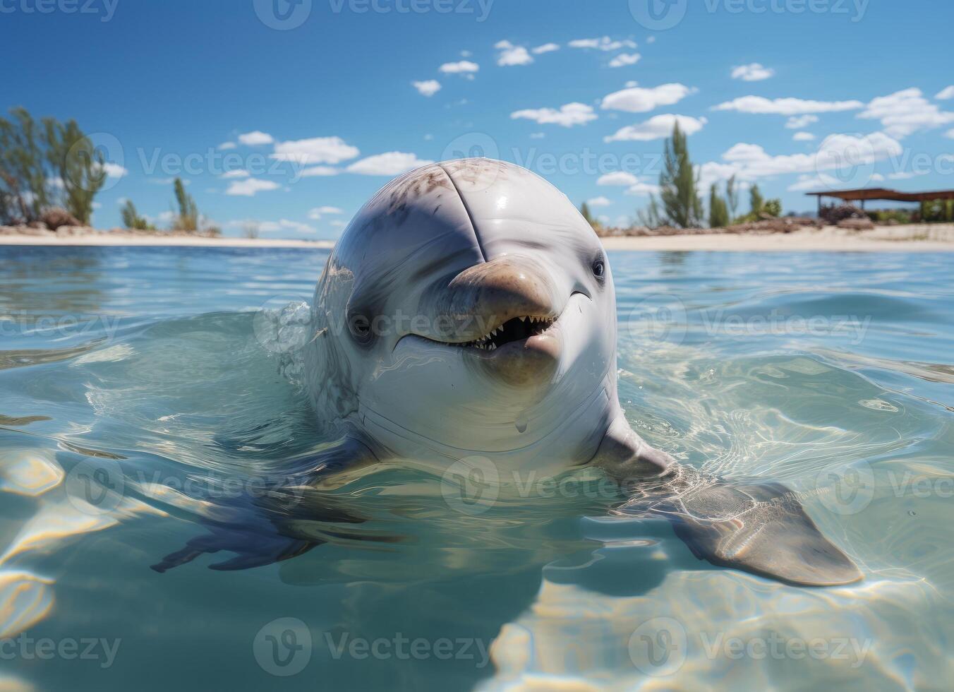 AI generated Dolphin swims in the sea with splashes of water. photo