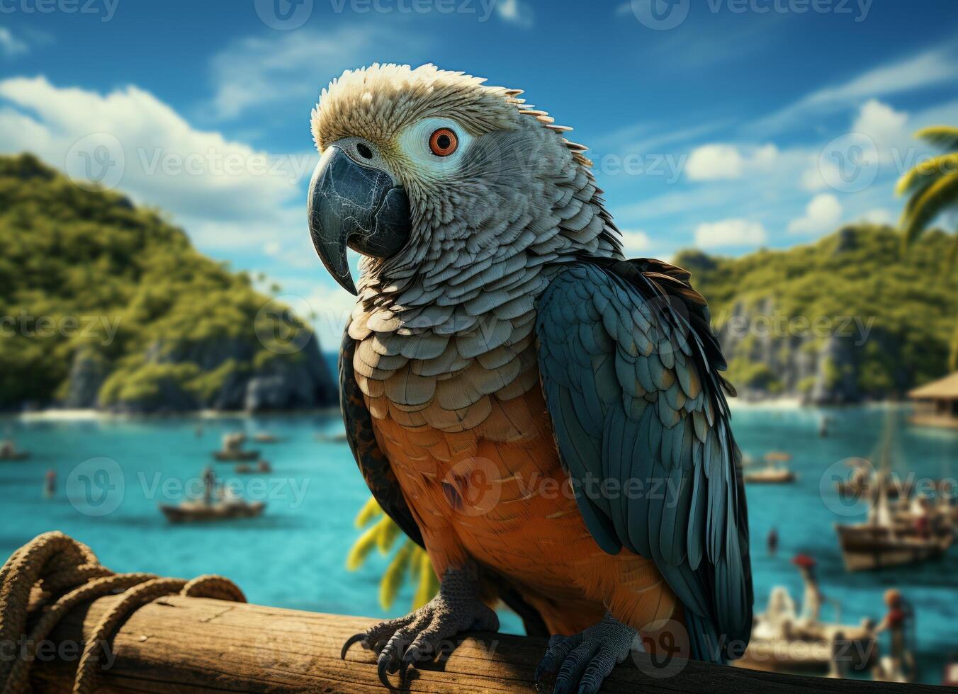 AI generated Parrot on the beach with palm trees and blue sky background. photo