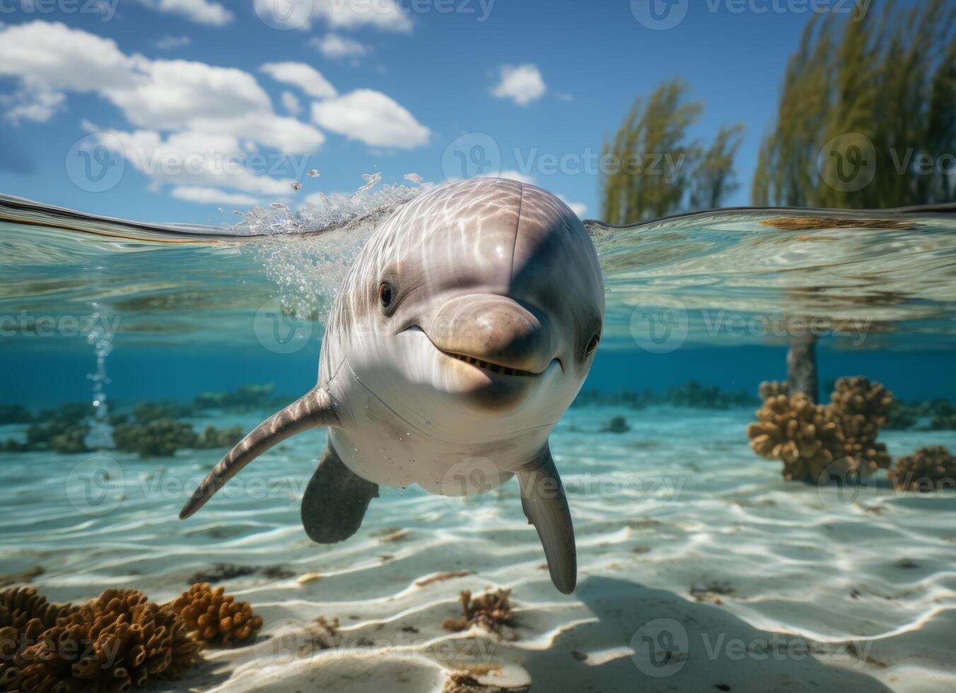 AI generated Dolphin swims in the sea with splashes of water. photo