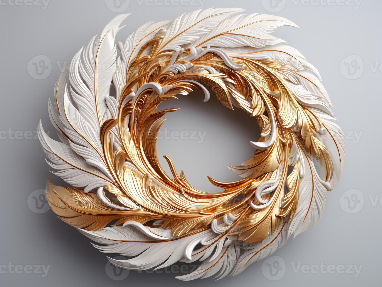 AI generated Beautiful golden and white feathers on a white background. photo