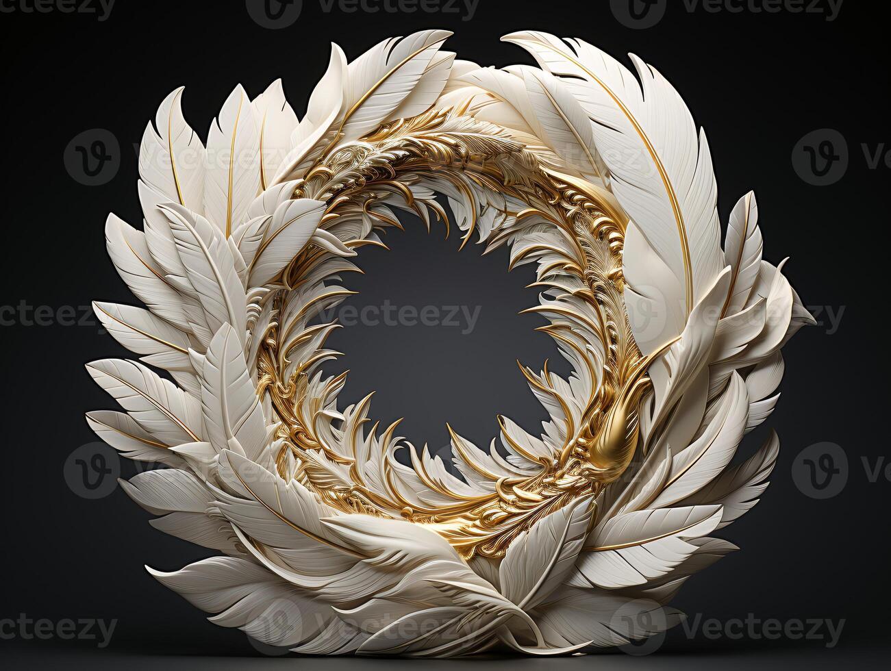 AI generated Beautiful golden and white feathers on a black background. photo