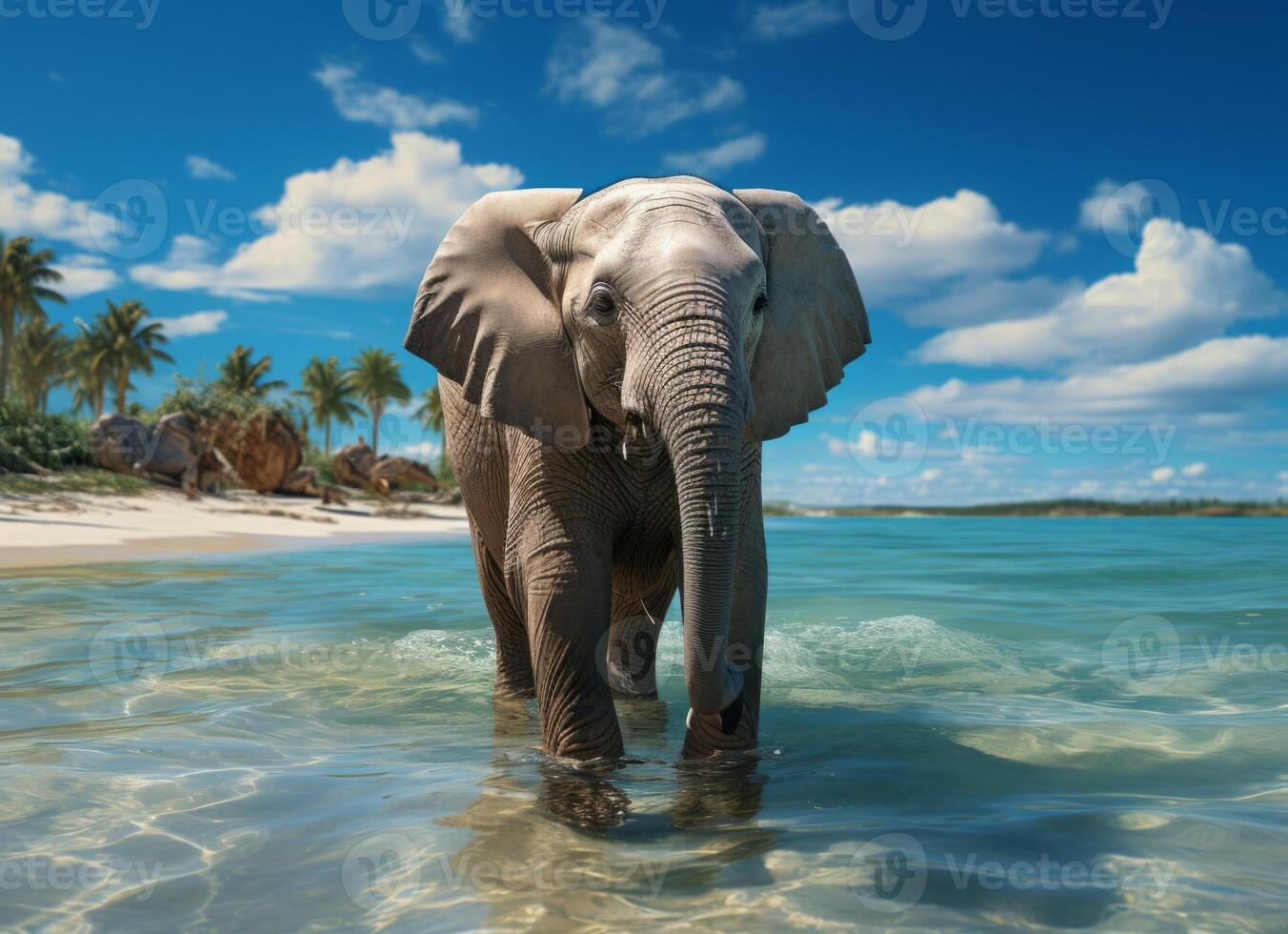 AI generated Elephant in the water on a background of palm trees and blue sky photo