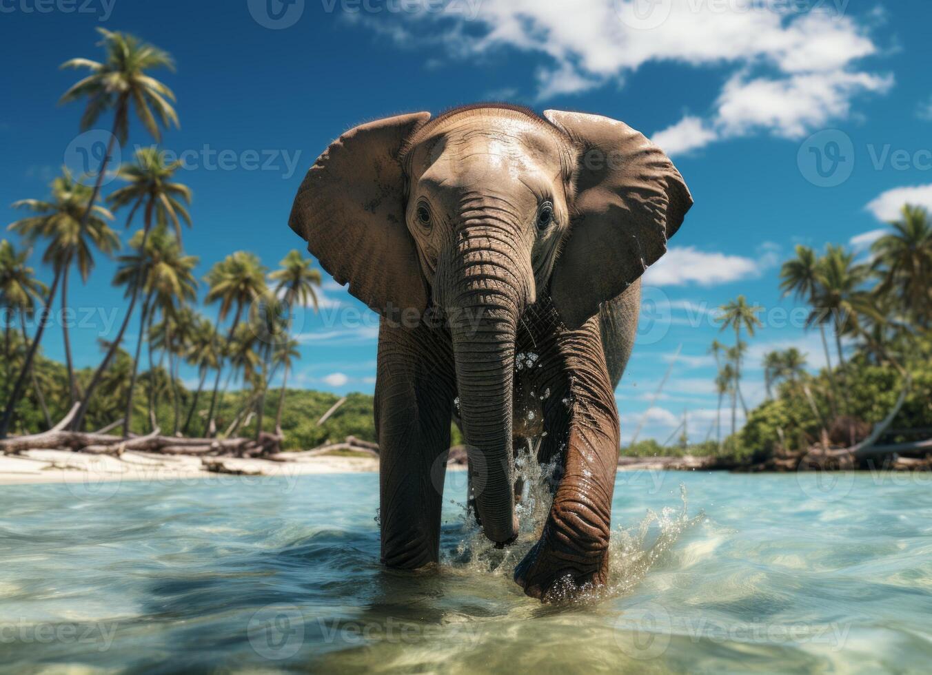 AI generated Elephant in the water on a background of palm trees and blue sky photo