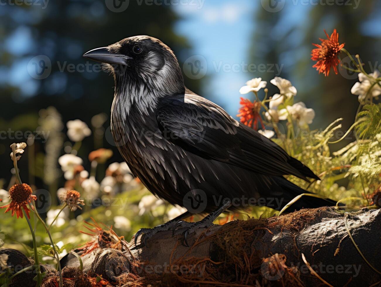 Raven perched on a branch in the forest photo