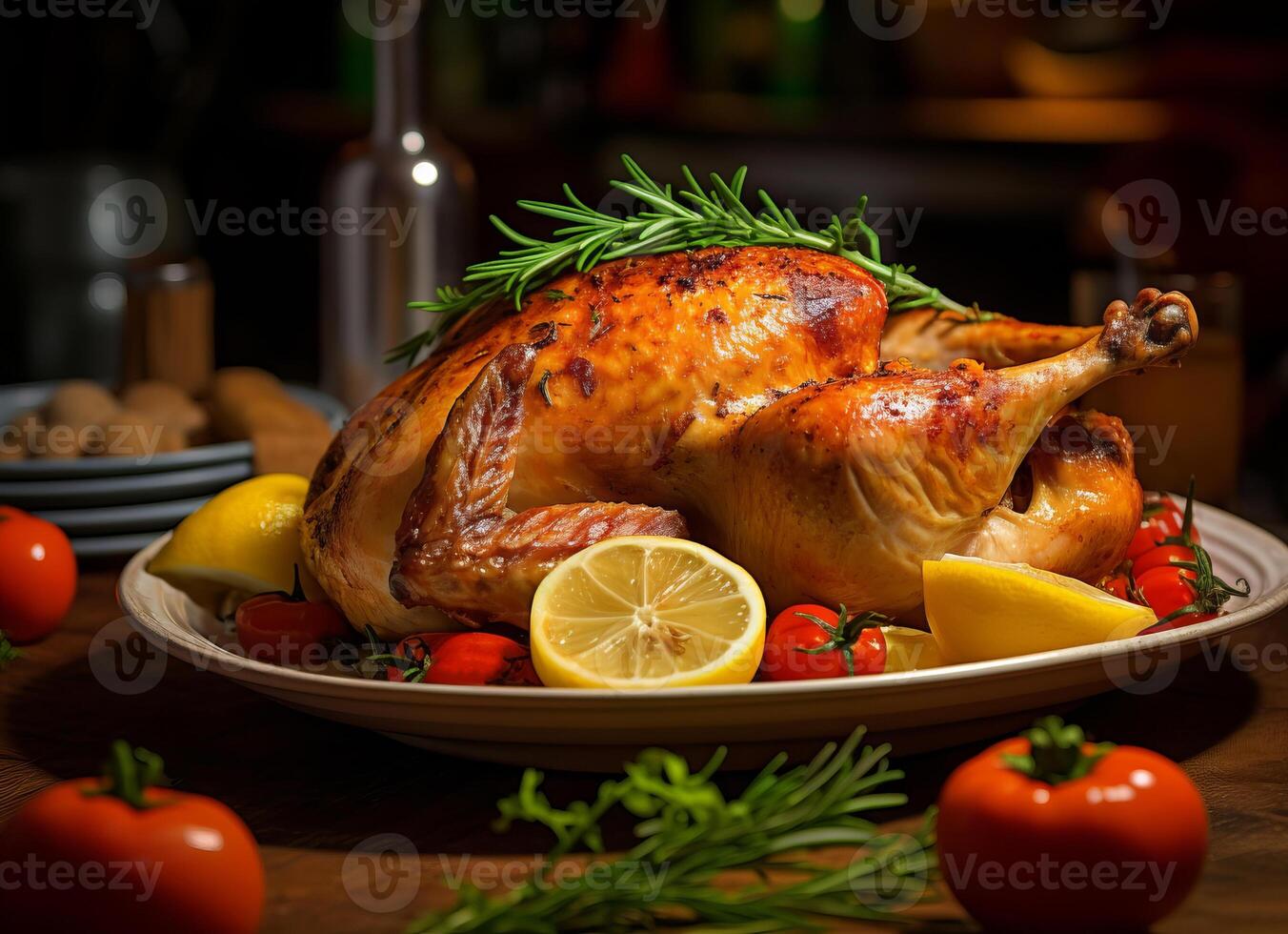 AI generated Roasted chicken with spices on rustic kitchen photo