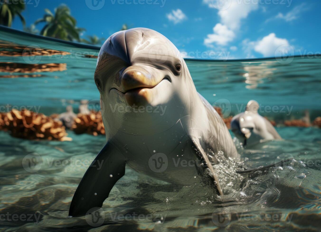 AI generated Dolphin swims in the sea with splashes of water. photo