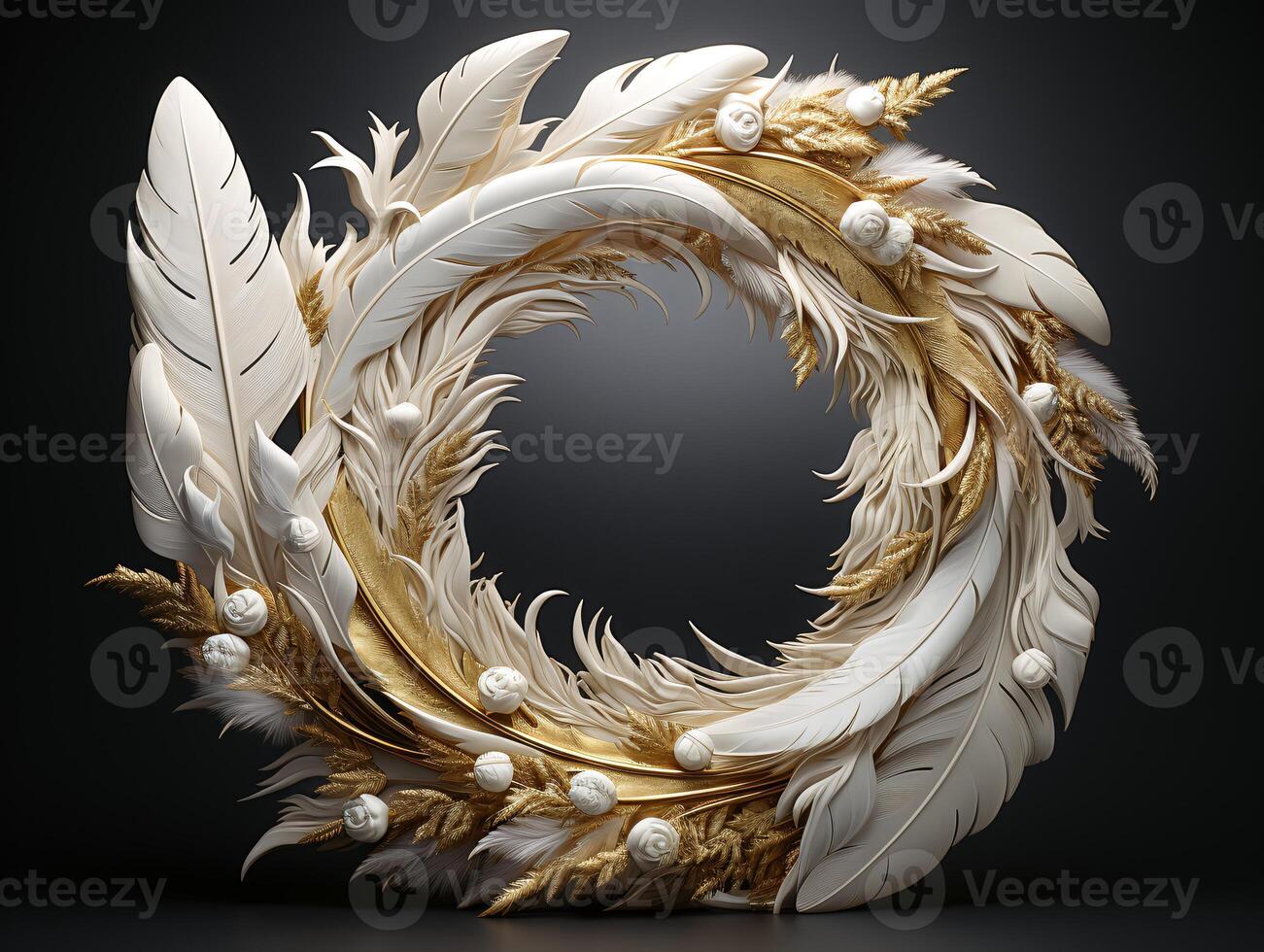 AI generated Beautiful golden and white feathers on a black background. photo