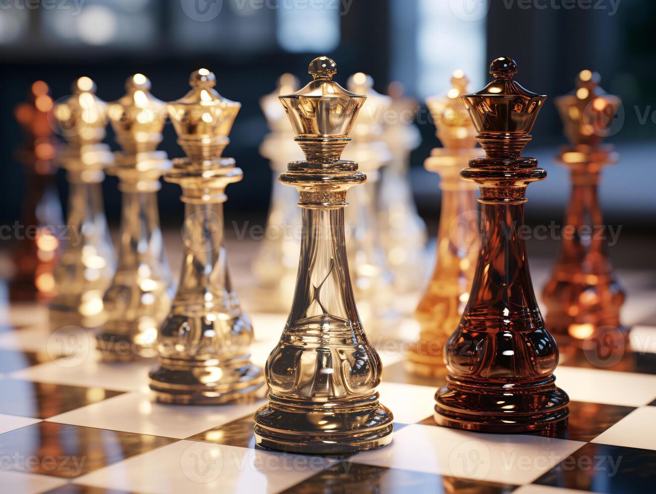 AI generated Chess on a chessboard, business concept of success and leadership photo