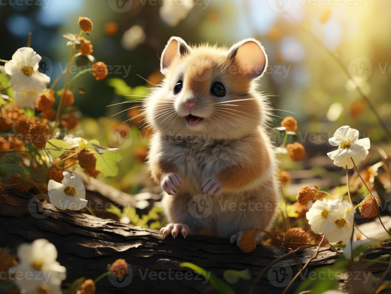 Hamster sits on a branch in the grass in a meadow photo