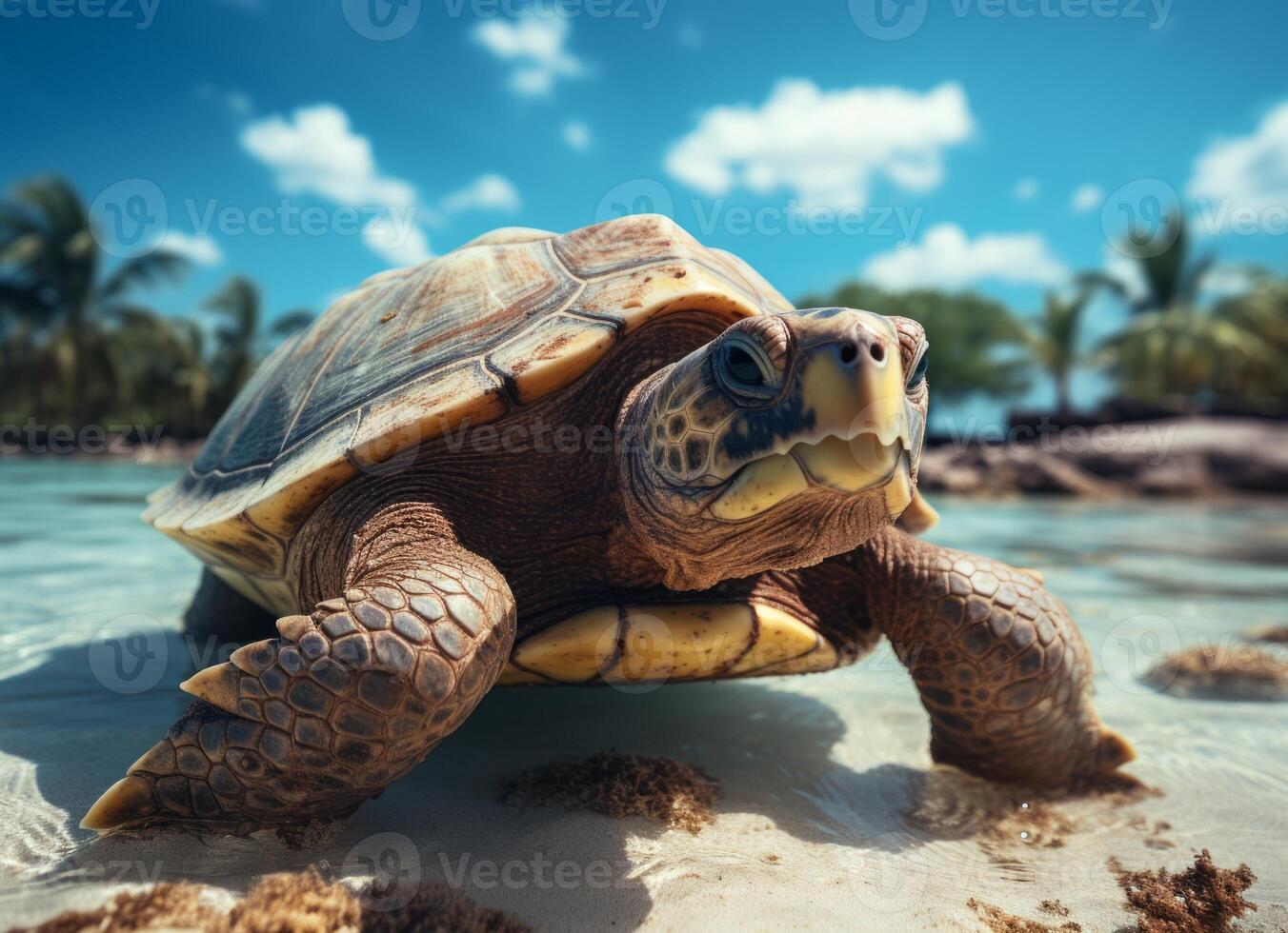 ai generado volador linda pequeño Tortuga personaje en azul cielo antecedentes. foto